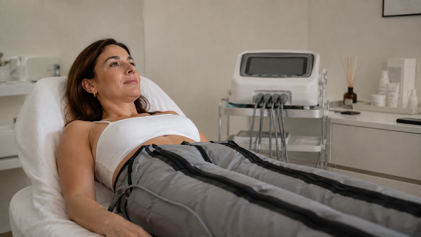 Sesión de presoterapia con botas de compresión neumática